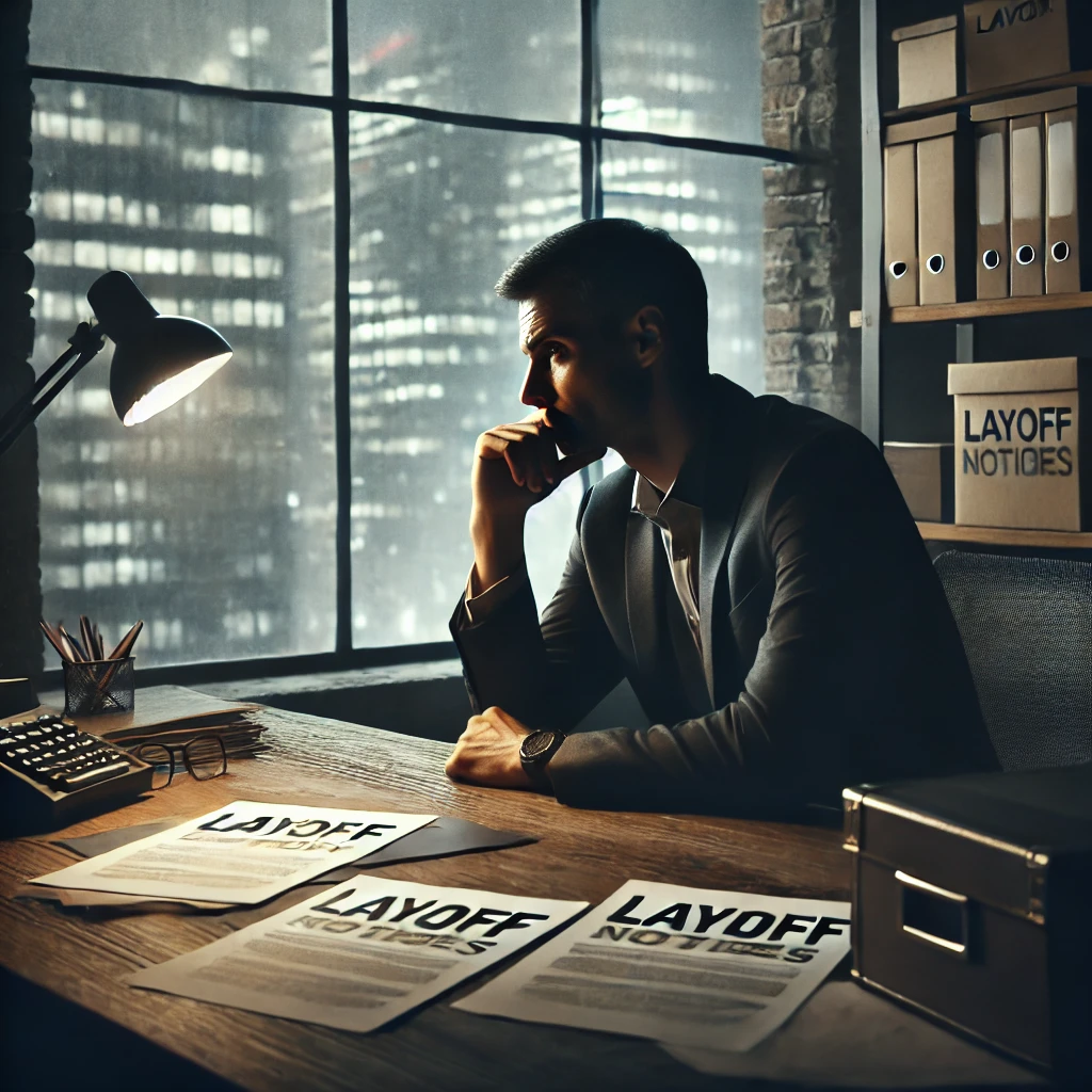 DALL·E 2024-09-12 11.54.43 – A leader sitting in a dimly lit office, visibly sad, looking out of a large window. His desk is cluttered with layoff notices and papers, symbolizing